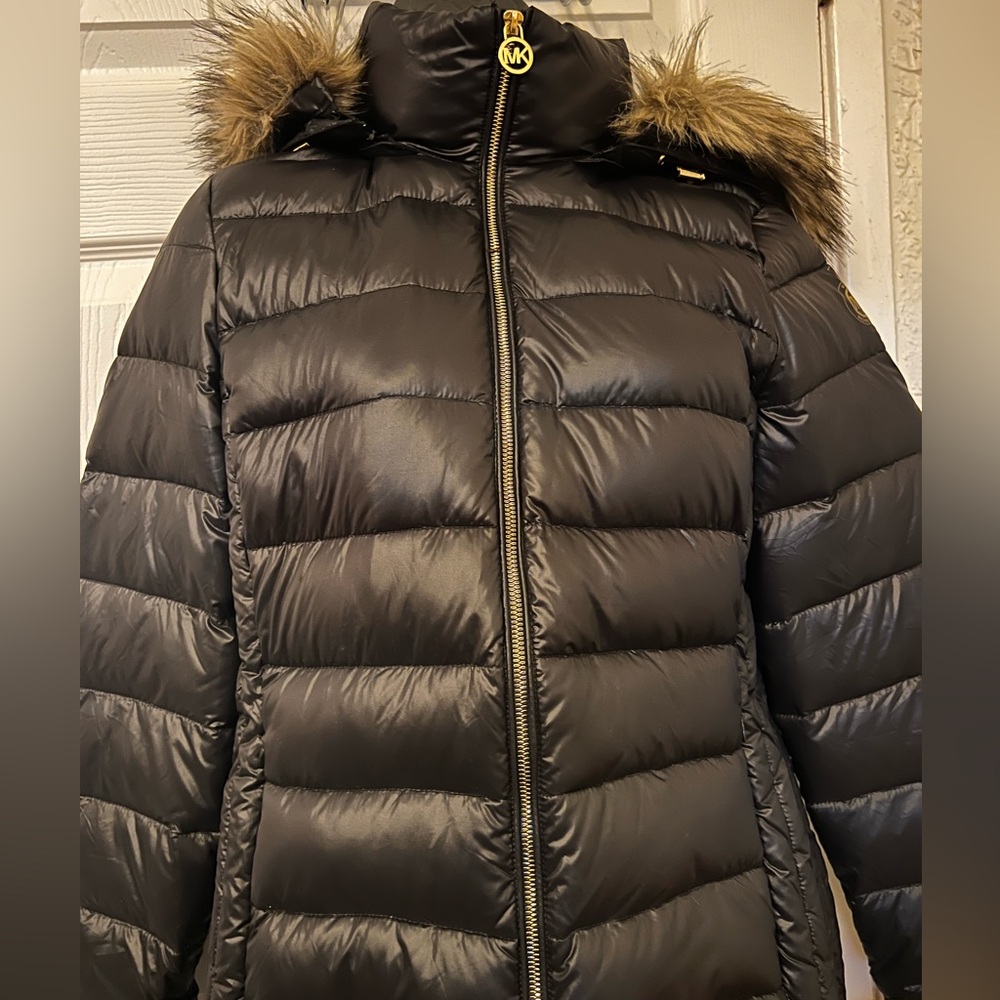 Michael Kors Women's Black Puffer Jacket with Fur Trim